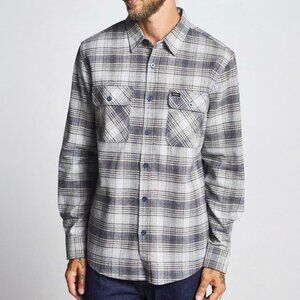 Brixton Bowery Plaid Flannel Long Sleeve Button Up Blue Grey Shirt Workwear
